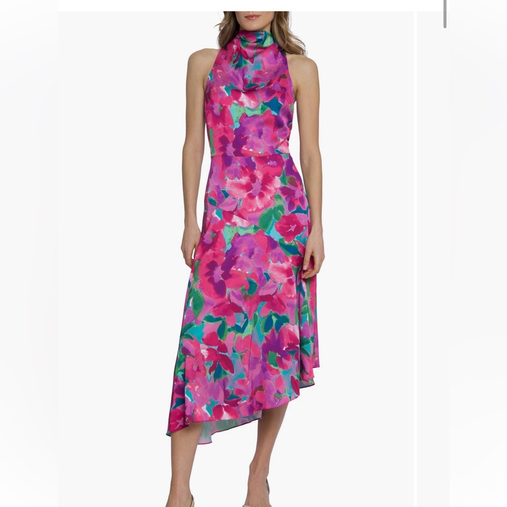 Maggy London mock neck asymmetrical midi dress, size 14, worn once &dry cleaned